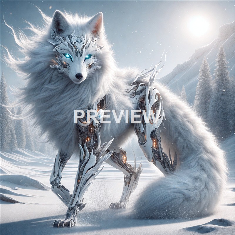 A fantastical creature resembling a wolf with robotic and metallic features, set in a snowy, mountainous landscape with a bright sun in the sky.